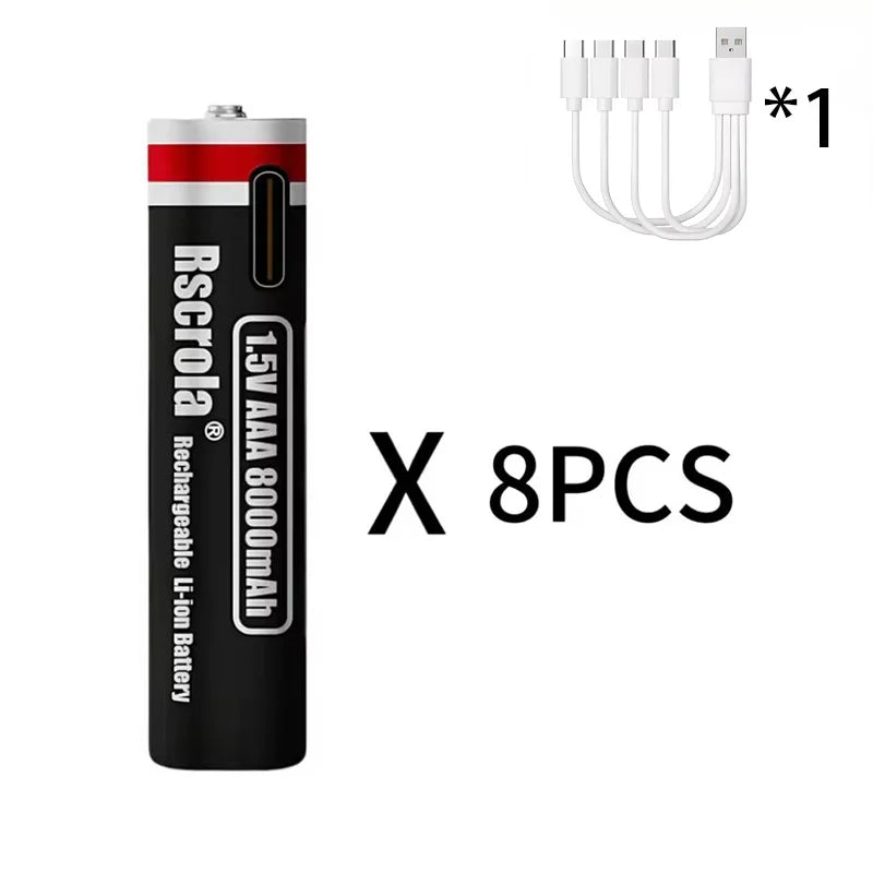 New 1.5V AA13600mAh/AAA8000mAh USB Type-C Rechargeable Lithium Battery for Mouse， Cameras, Electric Toothbrushes, Shavers Oasis Select 8 AAA8000 1.5V