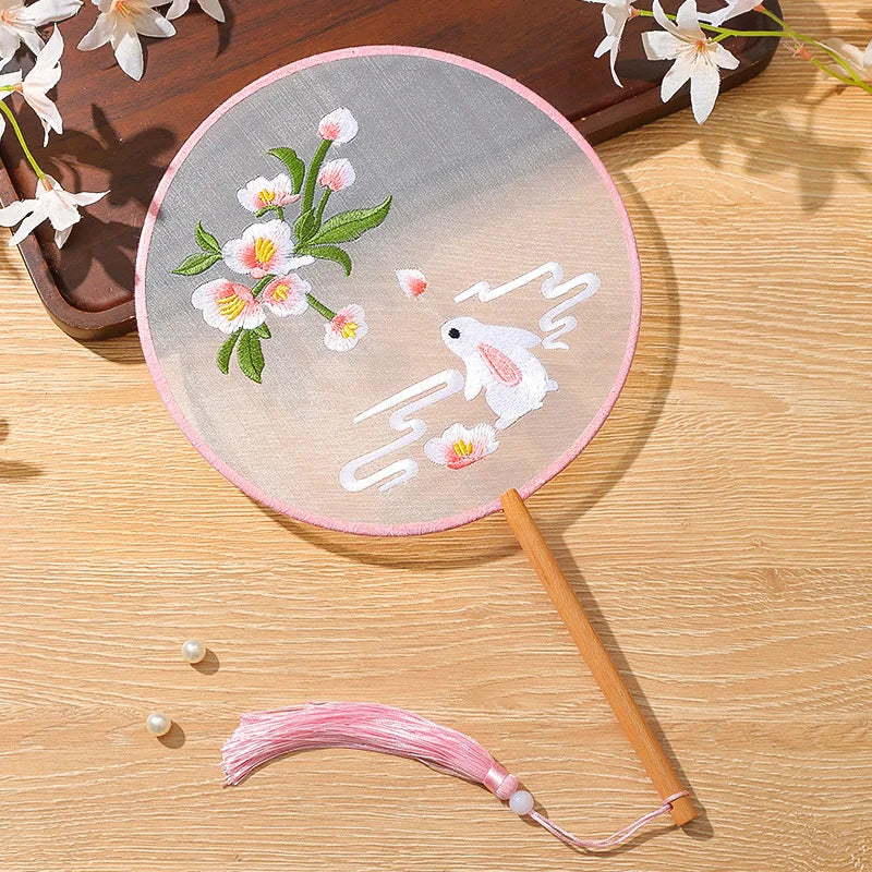 China Fan Wholesale Semi-Transparent Long Handle Tassel Dance Fan Female Costume Hanfu Cheongsam Embroidery Small Round Fan Oasis Select pink