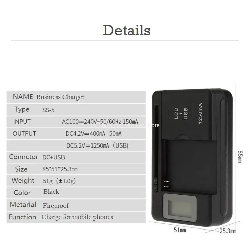 Universal LCD Battery Charger with USB Port, 32-55mm Adjustable, For Cell Phone & Camera Batteries, US/UK/EU Plug Oasis Select