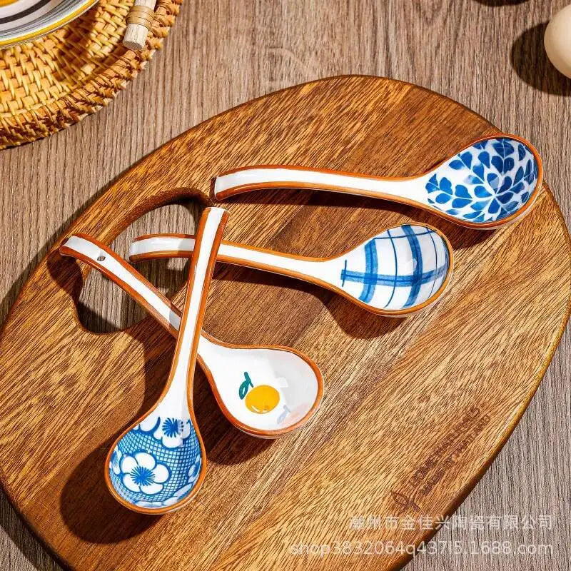 Japanese Underglaze Ceramic Soup Spoon, Everyday Ceramic Soup Spoon Ramen Long-handled Curved Spoon Tableware Oasis Select