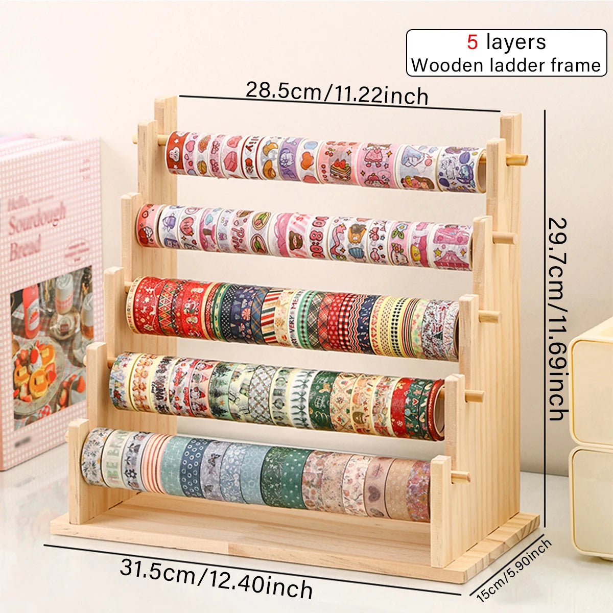 1pc multifunctional wooden tape and sticker storage rack suitable for necklace organizer for office desktop storage display rack Oasis Select 5layers-yellow