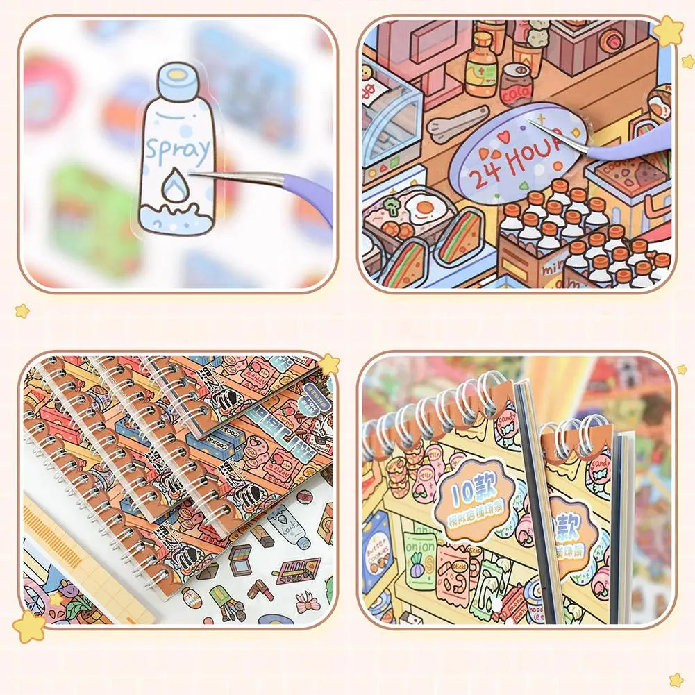 3D Miniature Supermarket Restocking Sticker Book DIY Quiet Book Snack Beverage Storage Simulation Scene Stickers Kids Toy Oasis Select