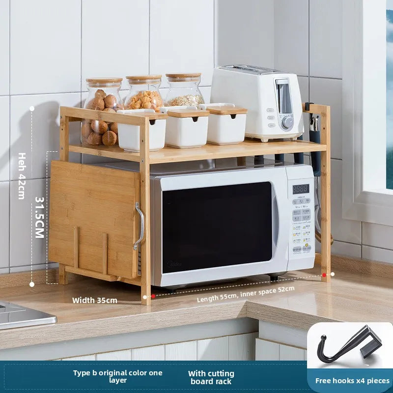 Kitchen Shelf Countertop Double Microwave Shelf Desktop Seasoning Oven Storage Rack Bamboo Solid Wood Oasis Select