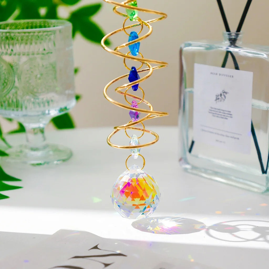 Gazing Ball Spiral Tail Crystal Suncatcher, Rainbow Maker Crystal Beads Sun Catcher Indoor Window Garden Wind Chimes Outdoor Oasis Select