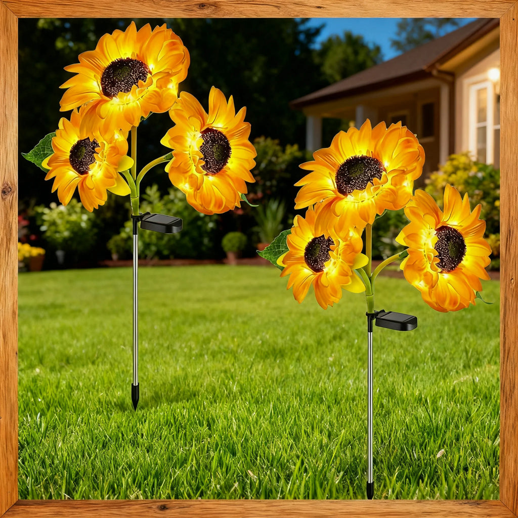 Solar Sunflower Stake Lights – 3-Head LED Garden Decor 2 Pack