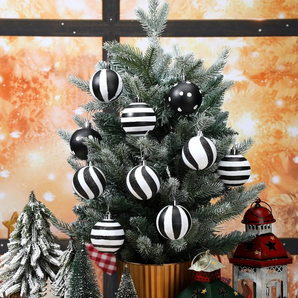 24 Christmas Black And White Ball Party Tree Decorations Plastic Painted Ornaments 6cm Striped Dot Hanging Balls Oasis Select