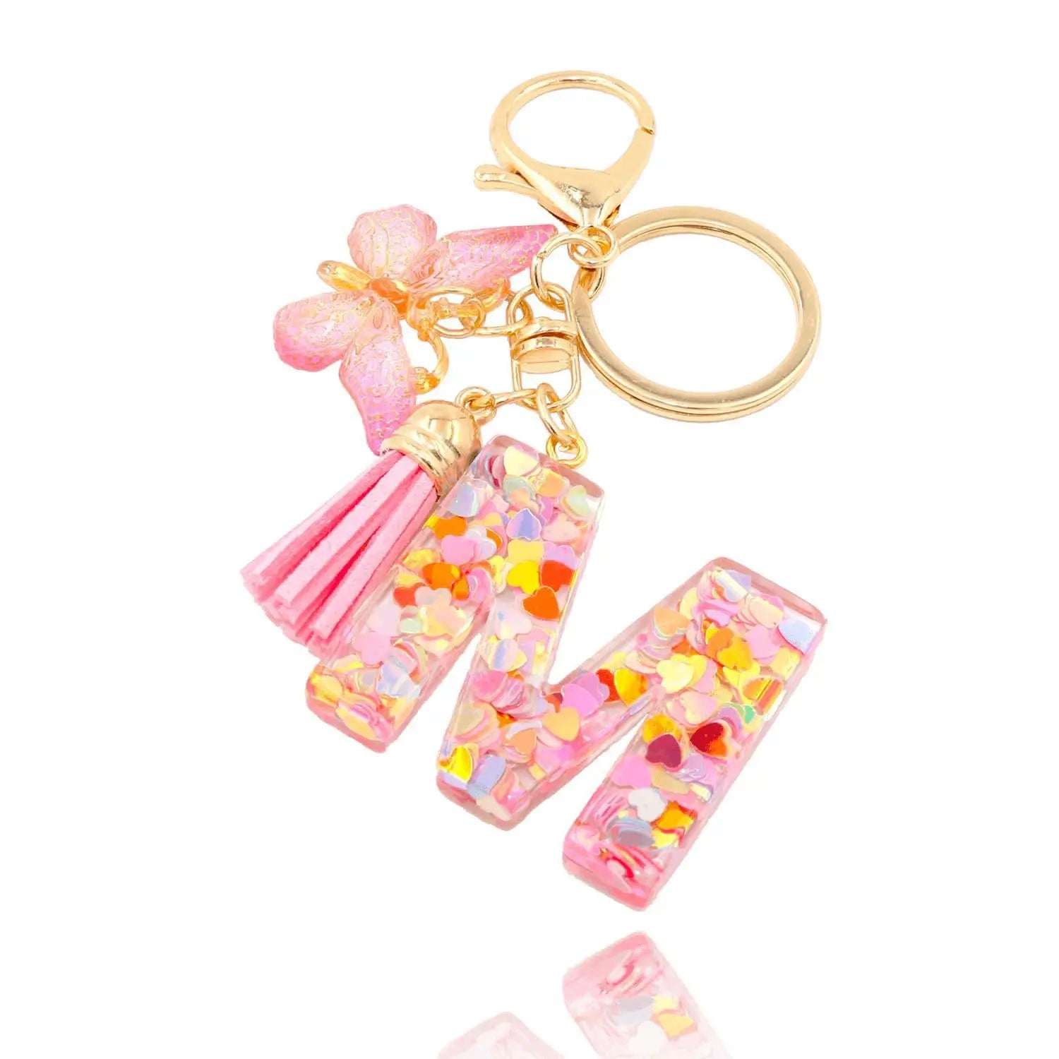 1pc Pink Glitter Letter Keychain with Heart Butterfly Tassel Crystal Resin Charm Fashion Accessory Gift for Women & Girls Oasis Select M