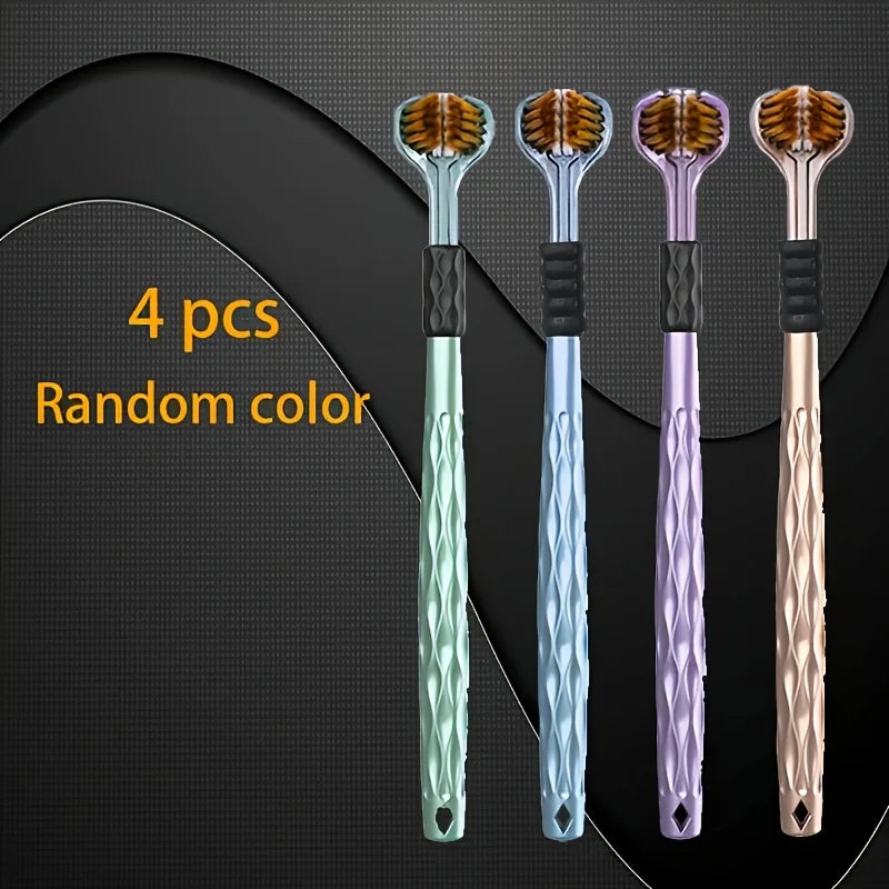 4pcs Set of Ergonomic Manual Toothbrushes with 3 Brush Heads,Golden Volcanic Bristles And Soft Grip Handle - Suitable for Adults Oasis Select 4pcs random colors