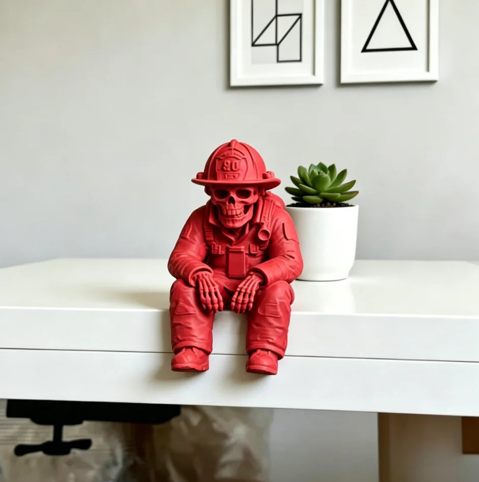 Spooky Skeleton Firefighter Shelf Decor Miniature Sitting Figurines Ornaments for Desktop Mantel & Halloween Displays Home Decor Oasis Select Firefighter red