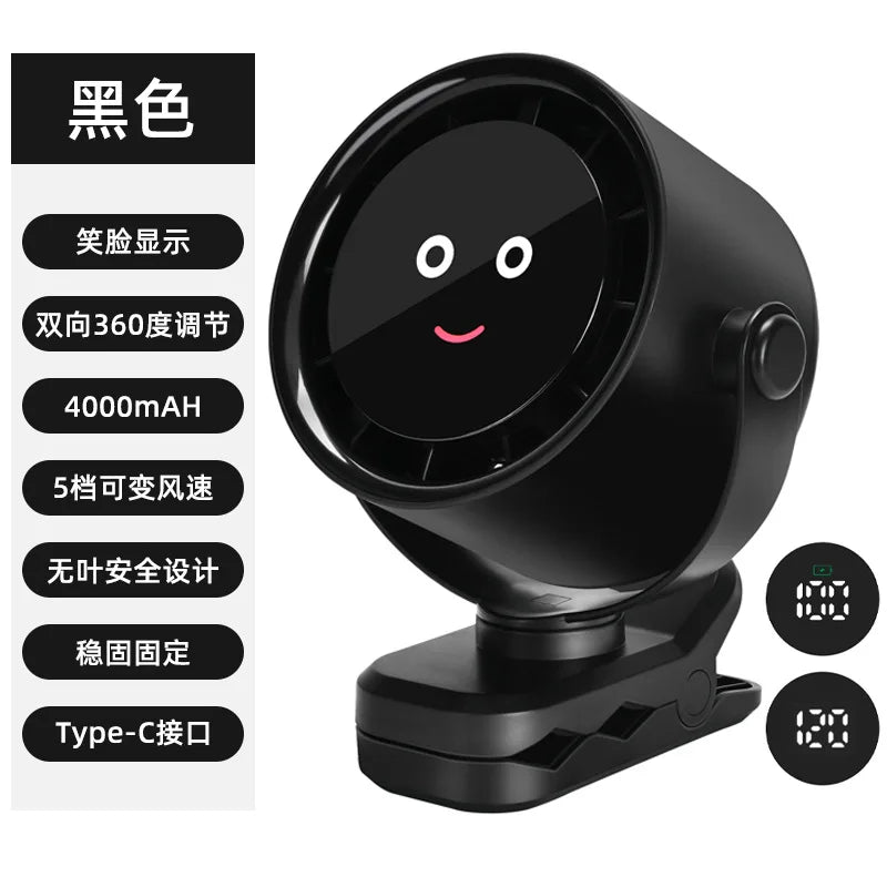 URGGU Smiling Face Clip Fan – USB Rechargeable, 5 Speeds
