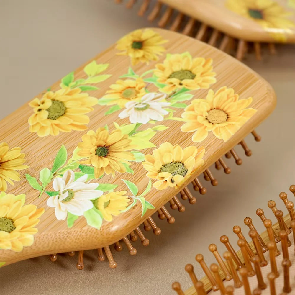Sunflower Bamboo Air Cushion Hair Brush - Natural Wooden Massage Comb for Hair Care Anti-Static Detangling Styling Gift Oasis Select