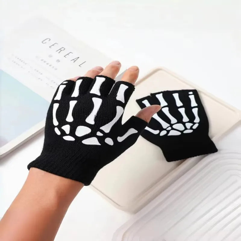 1/2/3/4/5/6pairs Luminous Skull Half Finger Gloves Halloween Role Gloves Autumn/Winter Warm Knitted Gloves Elastic Gloves Oasis Select