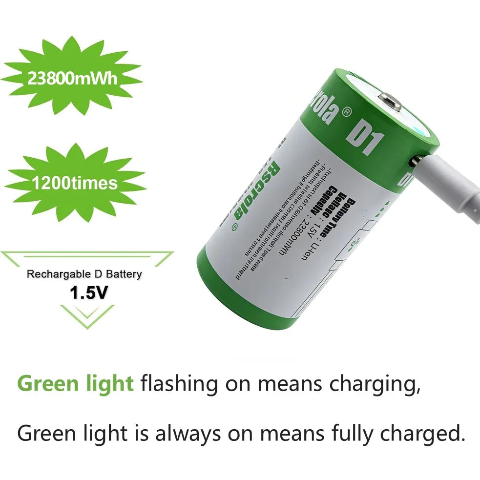 1.5V 23800mWh D Cell Batteries Rechargeable D Batteries with Charger Cable for Gas Cooker Water Heater Flashlight Radio Tool Toy Oasis Select
