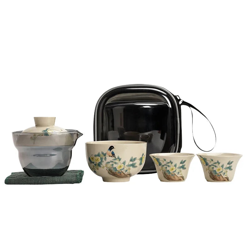 Grass Ash Travel Tea Set Household Car Outdoor Tea Making Portable One Pot Three Cups Oasis Select Dull Five-piece Set
