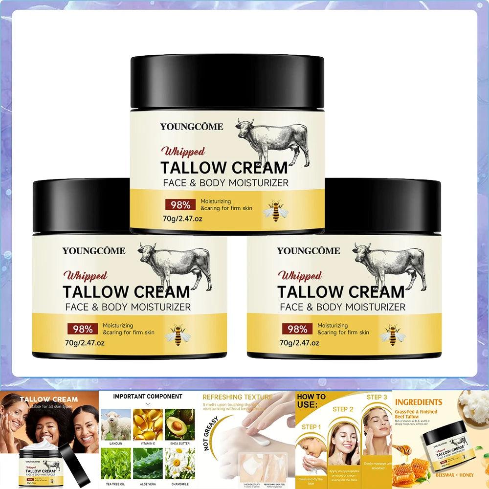 Beef Tallow Paste Deeply Moisturizer Honey Balm Brightening Wrinkle Remover Grass Fed Tallow Wild Honey Face Body Cream Skin Oasis Select 70g-3pcs