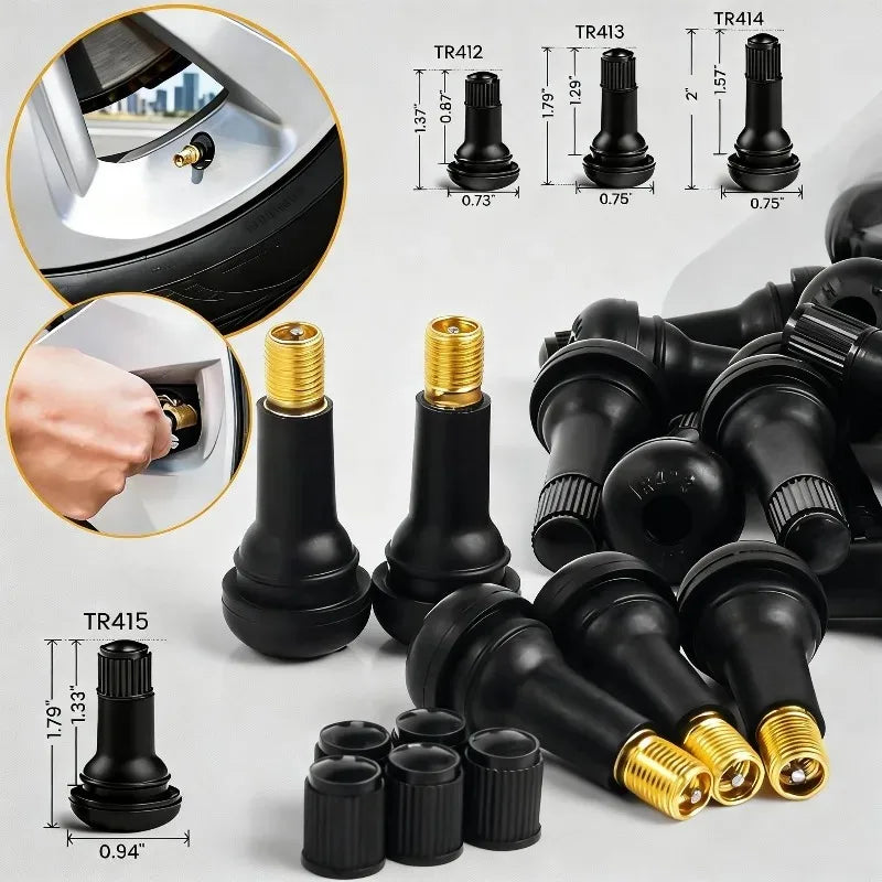 4/8/24PCS Car Tubeless Tire Valve Tire Valve Stem TR412/TR413/TR414/TR415 with Dust Cover Black Rubber Snap on Tire Valve Stem Oasis Select