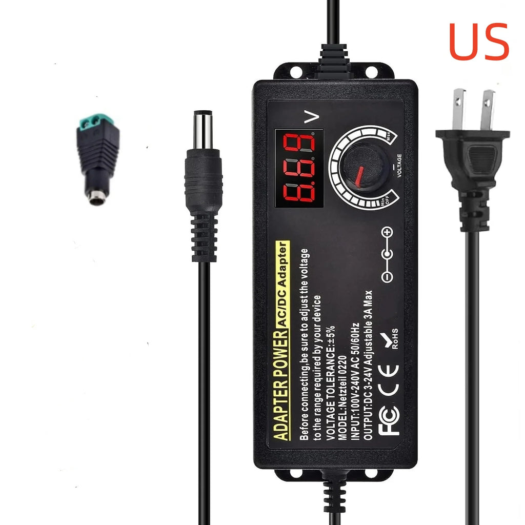 AC to DC Power Supply Adjustable Laboratory Supply Power Source 3V-24V-3A Portable Universal Adapter EU/US Plug Alligator Clip Oasis Select US Terminal Adapter AC 100-240V DC 3A