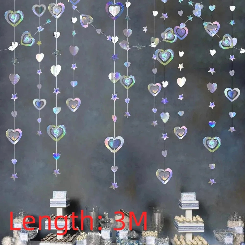3 Meters/4M Length Paper Banner Shiny Iridescent Room Hanging Decoration Silver Paper Iridescent Paper Birthday Party Decoration Oasis Select D