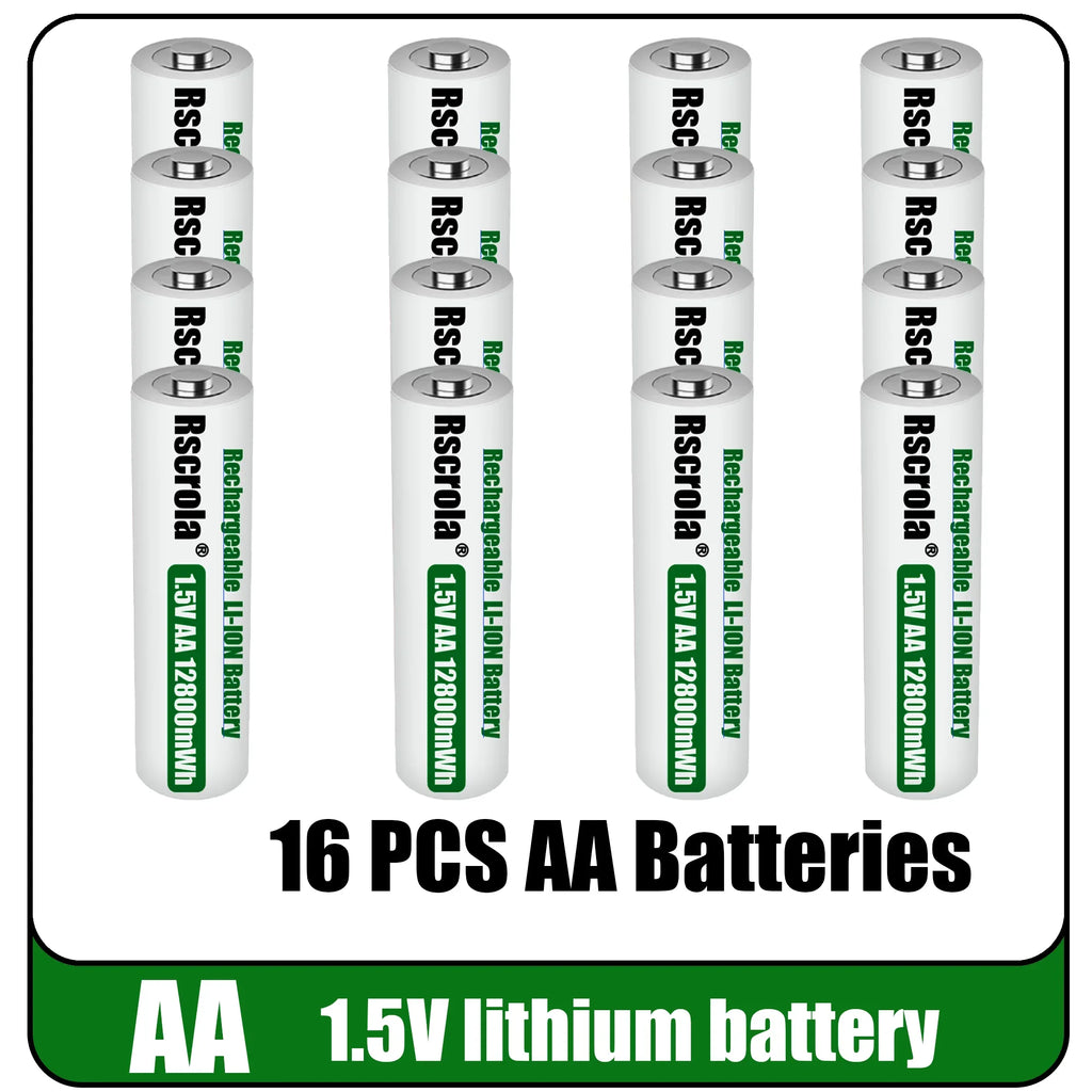 Universal Rechargeable 1.5V AA 12800mWh Lithium ion Battery Fast charging with Charger for Camare Clock Mouse Fan Electric Toys Oasis Select 16 PCS Batteries