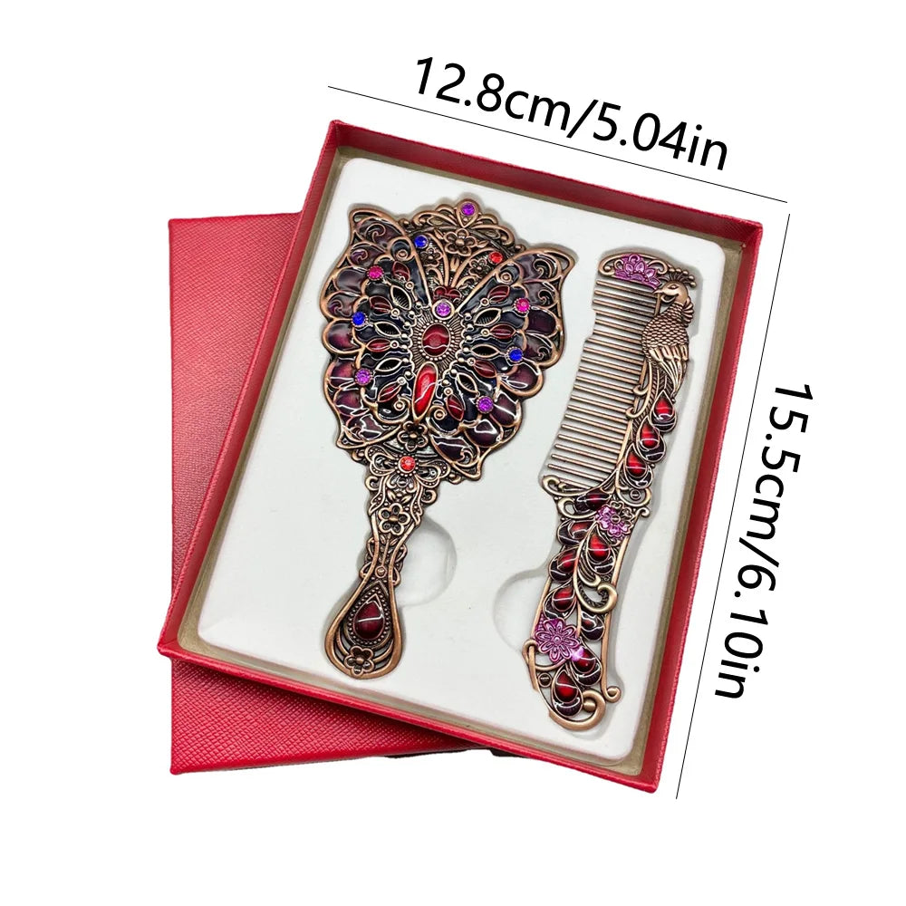 2pcs/Set Vintage Mirror And Comb Set Peacock Flower Decorative Mirror Comb Portable Makeup Mirror Comb (rhinetone Color Random) Oasis Select