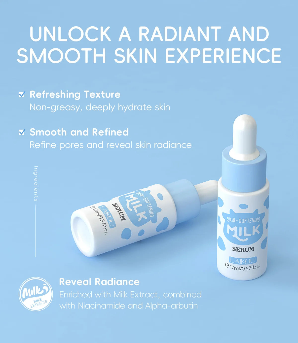 LAIKOU Milk Serum Facial Brightening Essence Shrink Pores Hydrating Moisturizing Treatment Repair Serum Skin Care 17ml Oasis Select