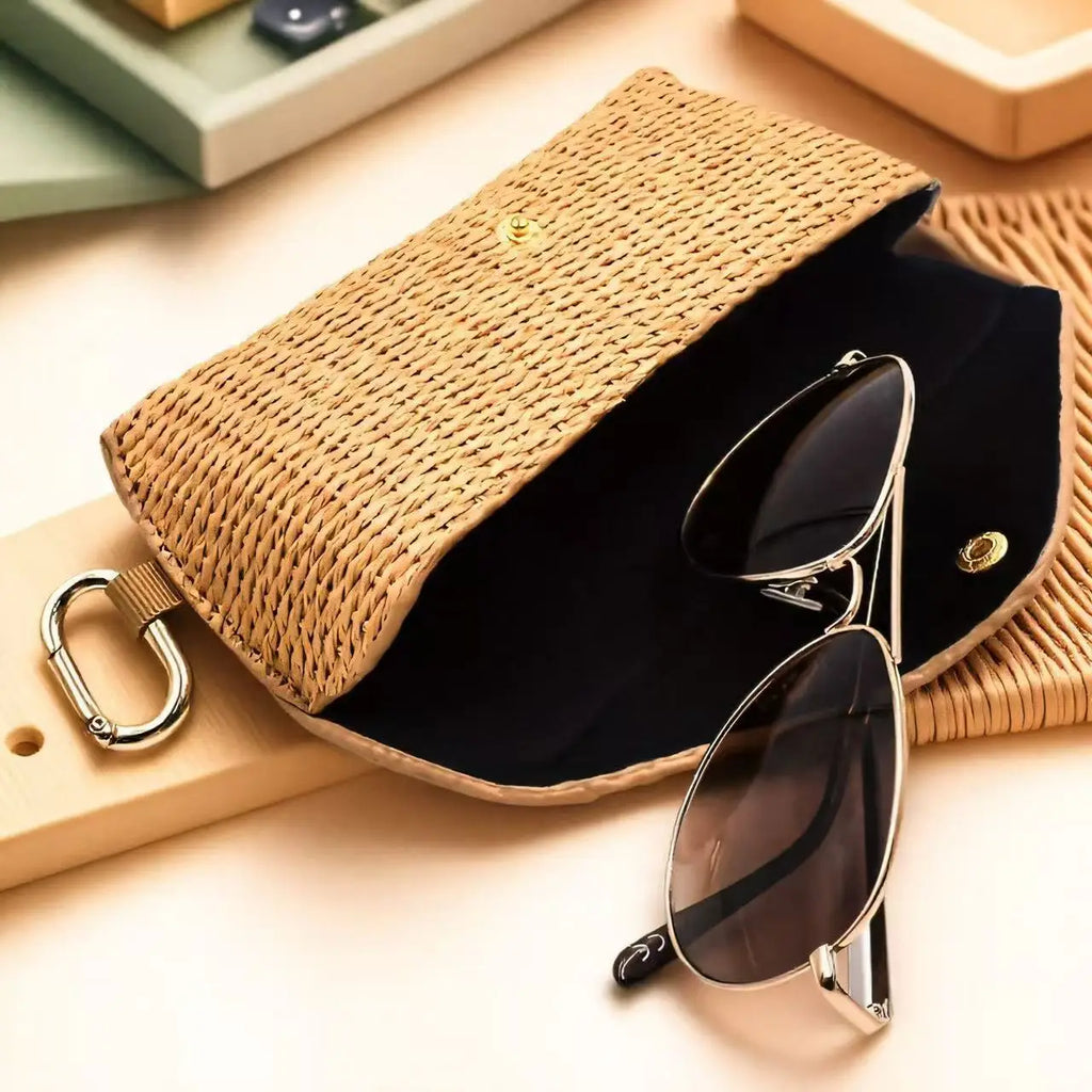 Fashion Woven Straw Glasses Case with Hook,Durable PU Leather Eyewear Bag,Soft Protective Sunglass Pouch for Women Glasses Case Oasis Select
