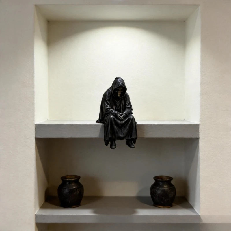 Sad Black Hooded Skull Miniature Gothic Figurine Home Desktop Handicrafts Ornaments Sitting Reaper Ornament Home Decoration Gift Oasis Select