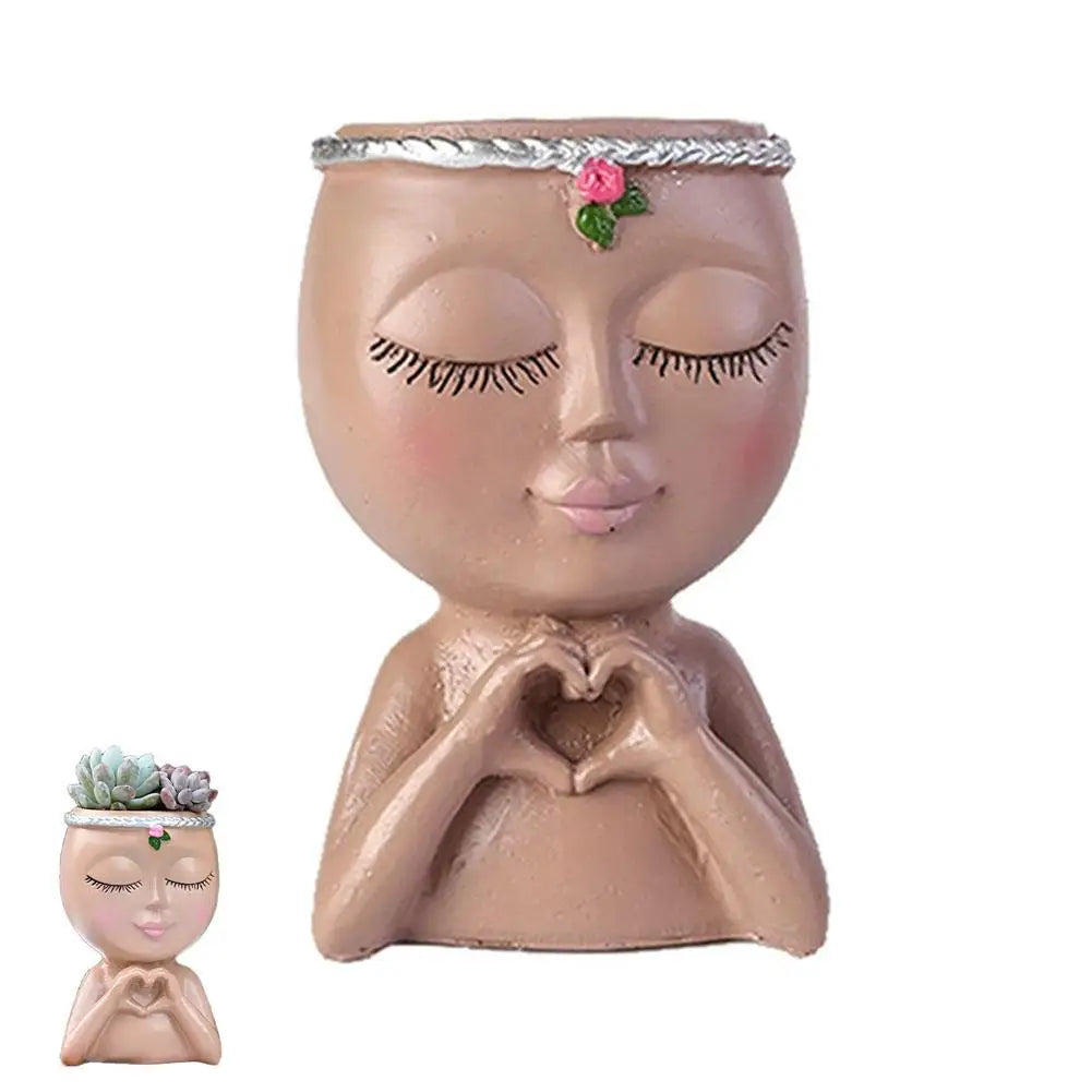 Resin Girl Face Planter – Cute Succulent Pot with Drainage Hole