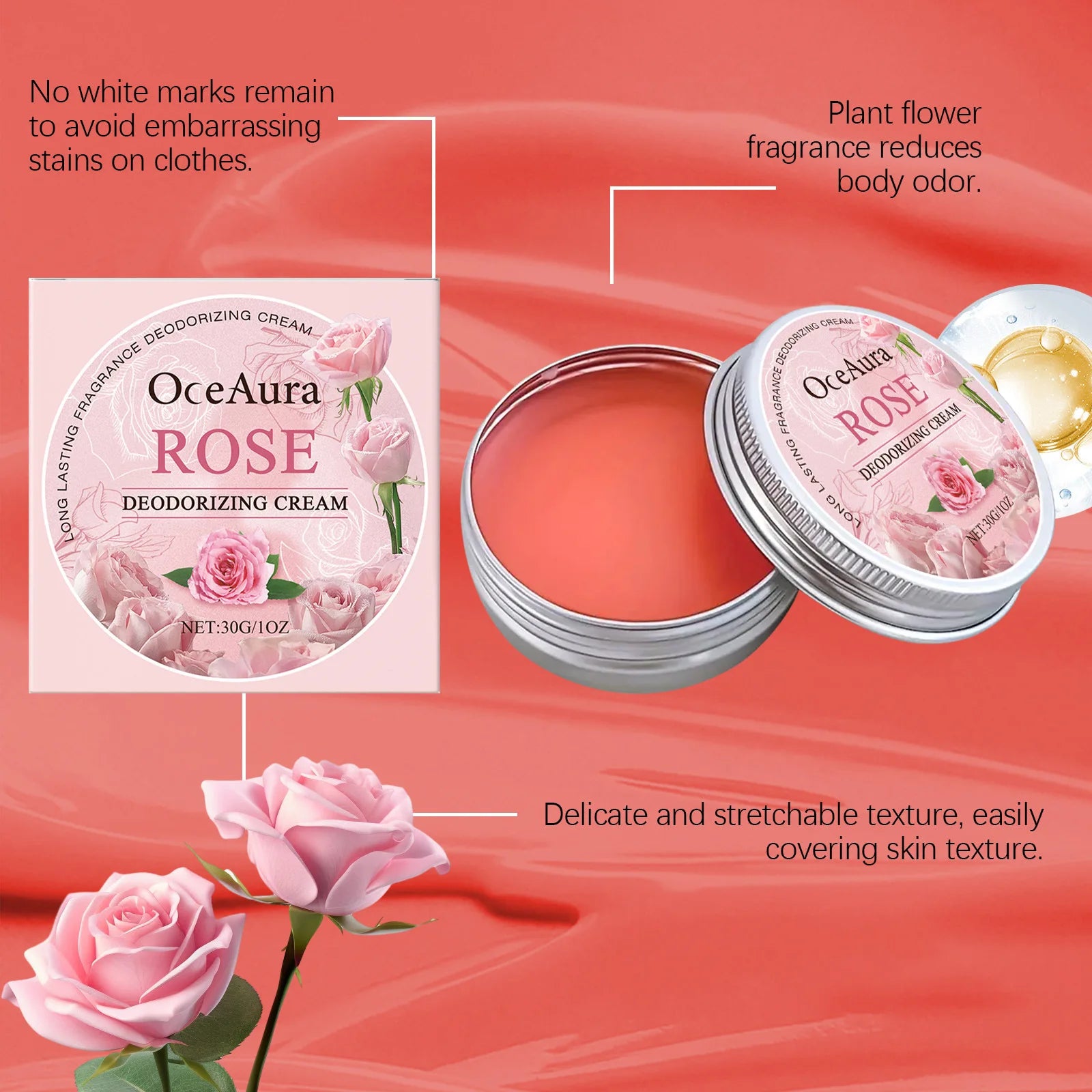 Rose Deodorant Body Cream Eliminate Odor Reduce Sweating Neutralize Armpit Smell Lasting Aroma Charming Refresh Fragrance Cream Oasis Select