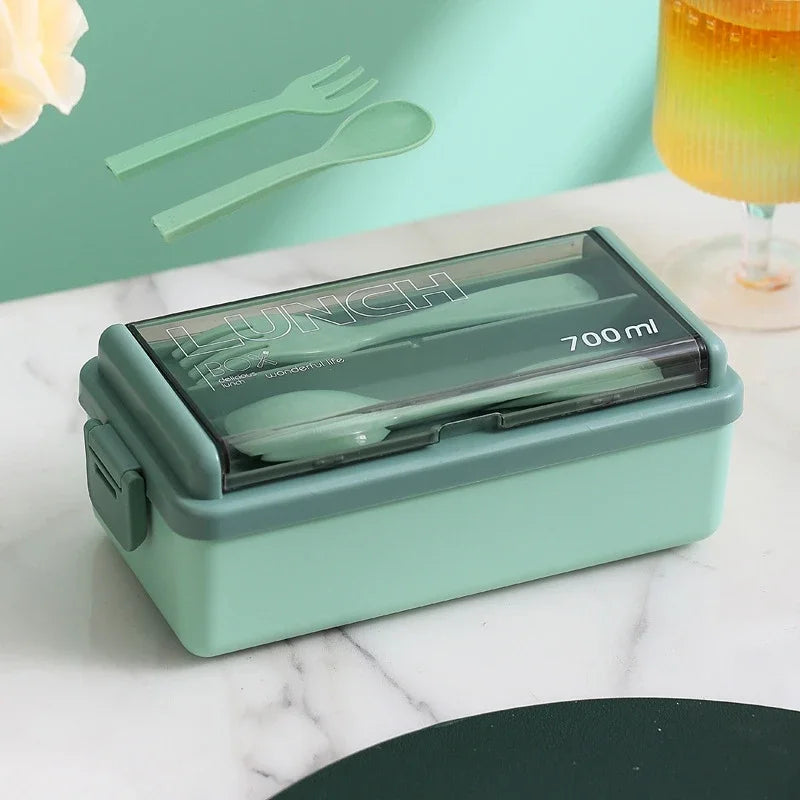 Single/double Layer Lunch Box Portable Leakproof Student Microwave Dinnerware Set with Fork Spoon Food Snack Storage Container Oasis Select Single-Green