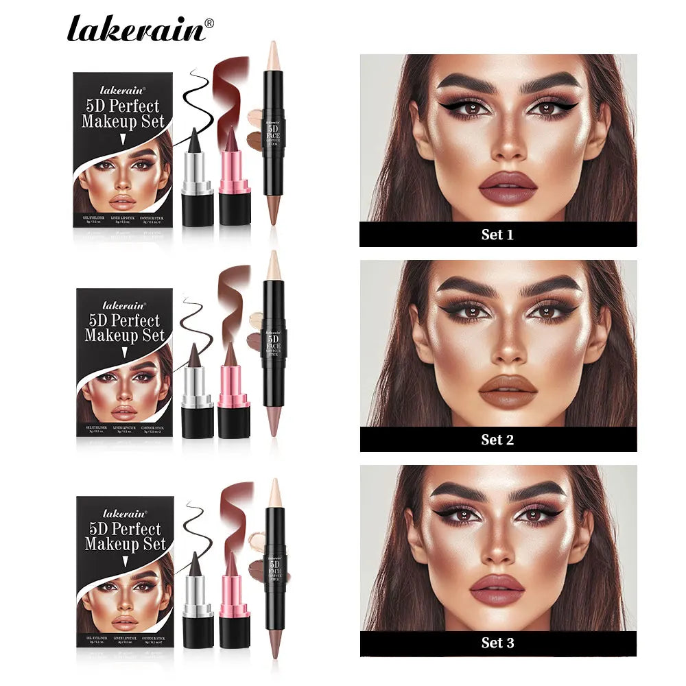 5D Perfect Makeup Set With Contouring Stick Eyeliner And Lipstick Easy Coloring Sweat-proof Long Lasting Daily Makeup Set Oasis Select