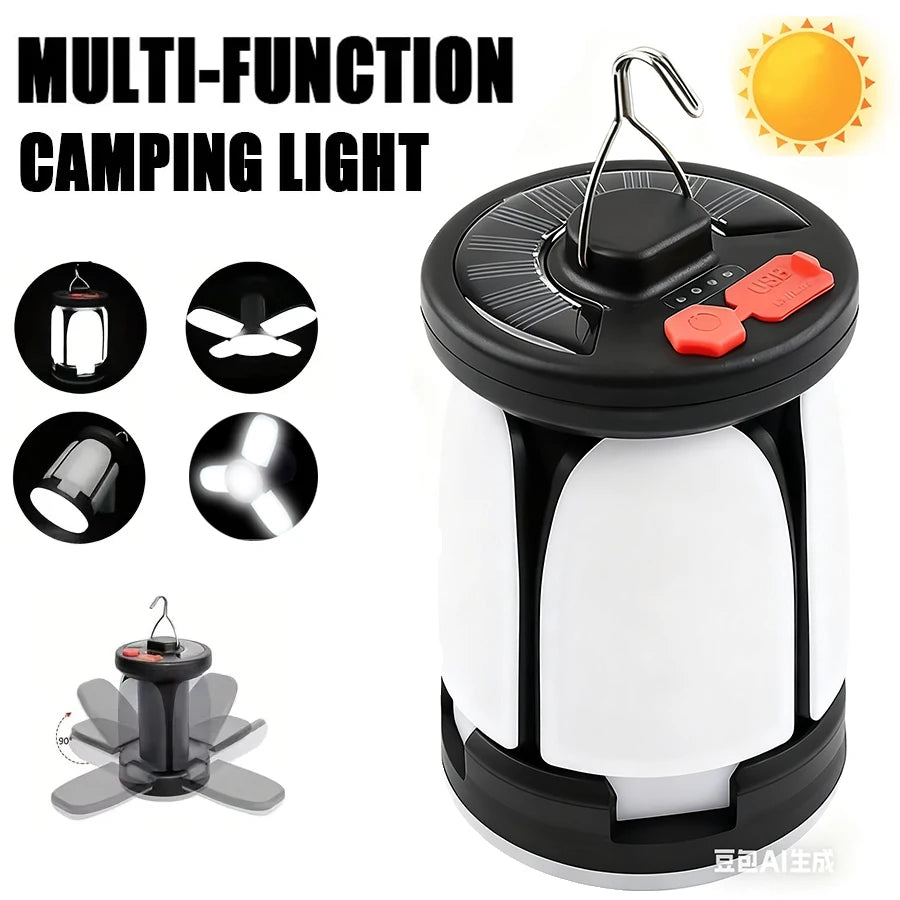 Solar LED Lantern Rechargeable Emergency Flashlight Portable Power Bank Foldable 6 Modes Tent Light for Outdoor Camping Fishing Oasis Select