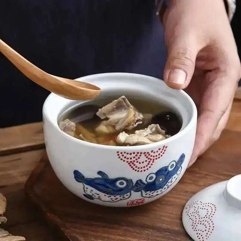 Japanese Ceramic 4.25Inch Stew Pot Bowl With Lid Steam Egg Soup Bowl Steaming Cup Slow Cooker Home Restaurant Tableware Oasis Select