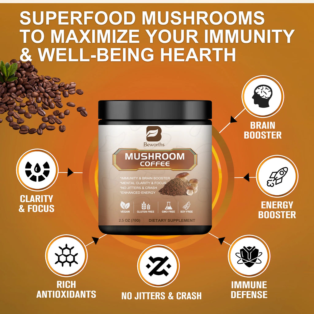 BWEORTHS 70G Mushroom Coffee Mixed Reishi & Lion's Mane Mushrooms Support Immunity and Focus Health Boost Memory 70g NO-GMO Oasis Select