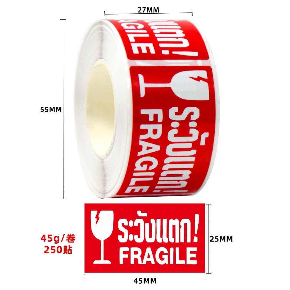 250pcs/roll,Fragile warning label, English copperplate sticker, anti-removal fragile warning label, red warning label Oasis Select D