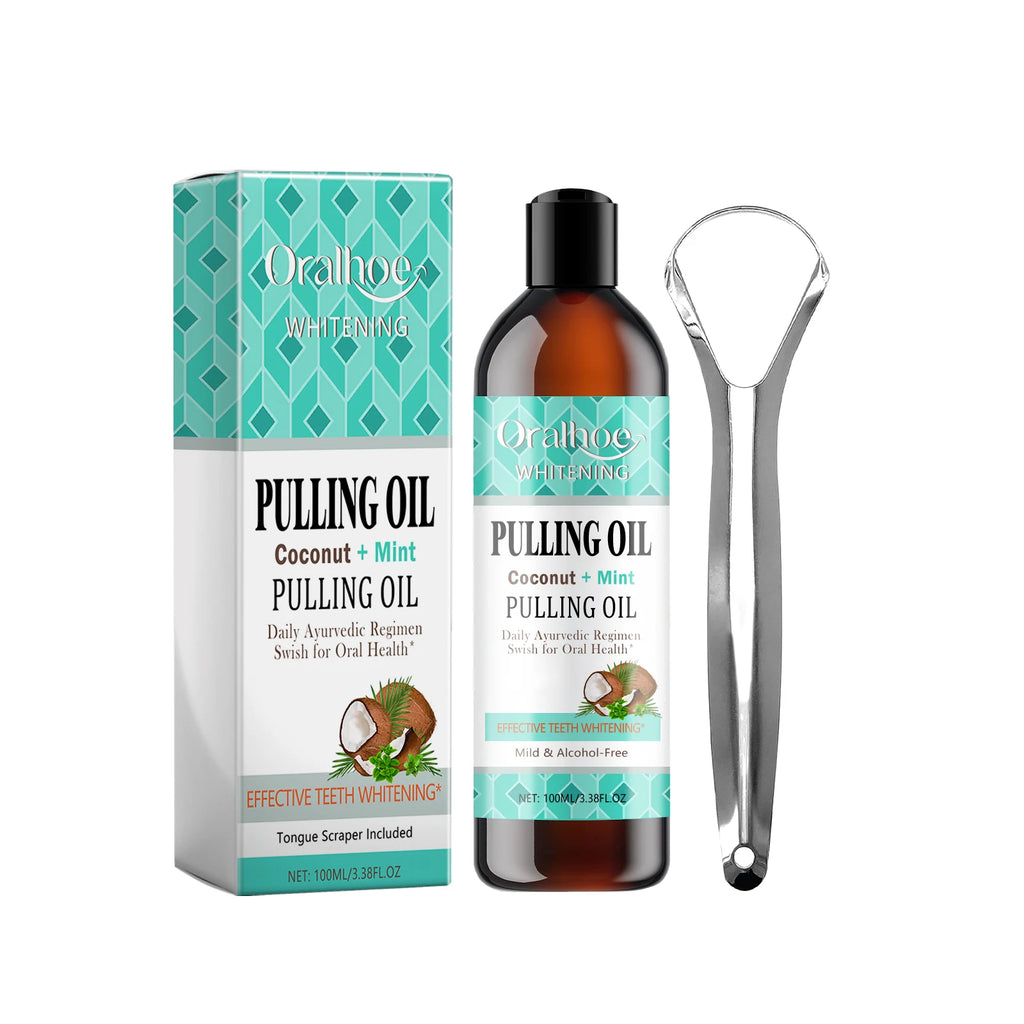 Coconut Mint Pulling Oil Mouthwash Kit With Tongue Scraper Fresh Oral Breath Odor Removal Alcohol-Free Whiten Tool Mouth Care Oasis Select 100ml boxed One Unit adults