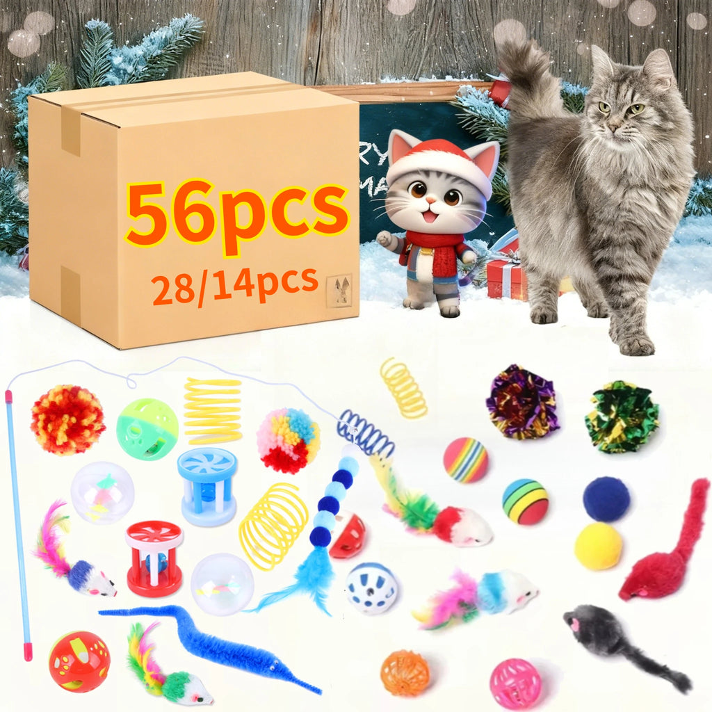 56pcs/28pcs/14pcs Kitten Toys Variety Pack-Pet Cat Toys Combination Set Cat Toy Funny Cat Stick Mouse Bell Ball Cat Supplies Oasis Select