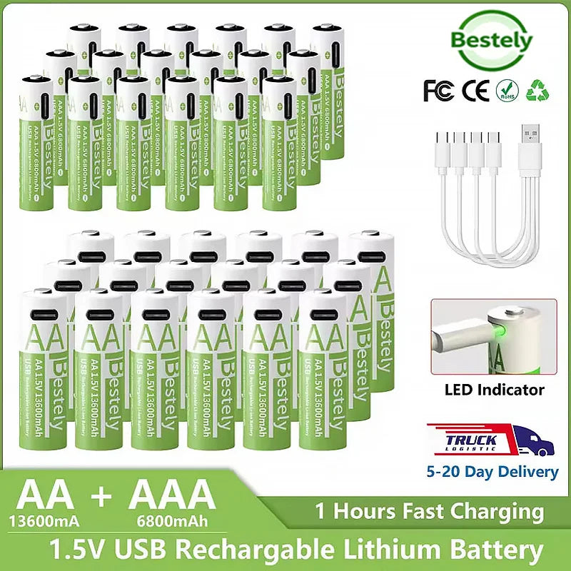 New1.5V AA 13600mAh + AAA 6800mAh Rechargeable Lithium Battery,USB-C Charge, 2000 Cycles，Low Self-Discharge Battery Oasis Select