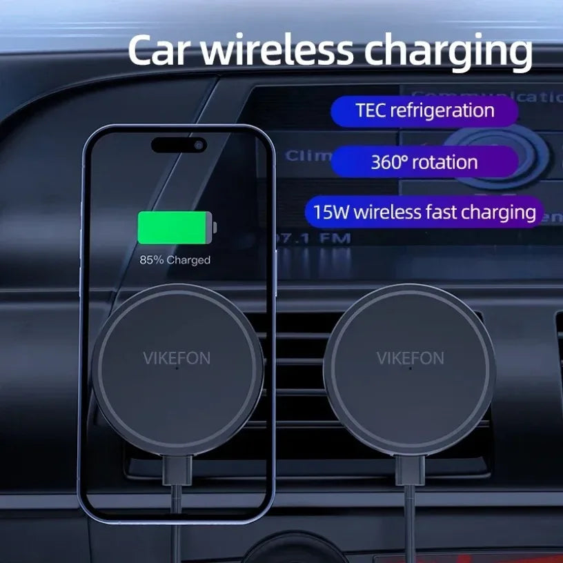 15W Magnetic Wireless Charger Car Vent Phone Holder 360° Rotation Strong Magnet Mount for iPhone 12-16 with Magnetic Ring Oasis Select