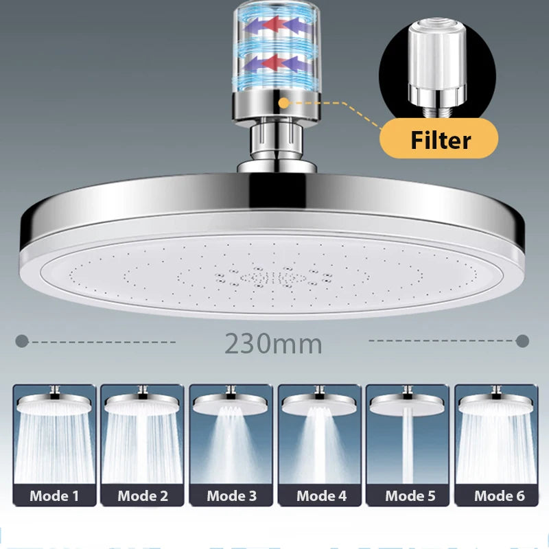 6 Modes Rainfall Shower Head Bathroom High Pressure Top Rain Shower Heads Shower Faucet Accessories With Filter Oasis Select