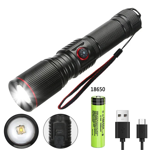 Portable Powerful LED Flashlight 2000LM Tactical Zoom Torch USB Rechargeable 18650 or 21700 Battery Camping Fishing Lantern Oasis Select 18650 battery