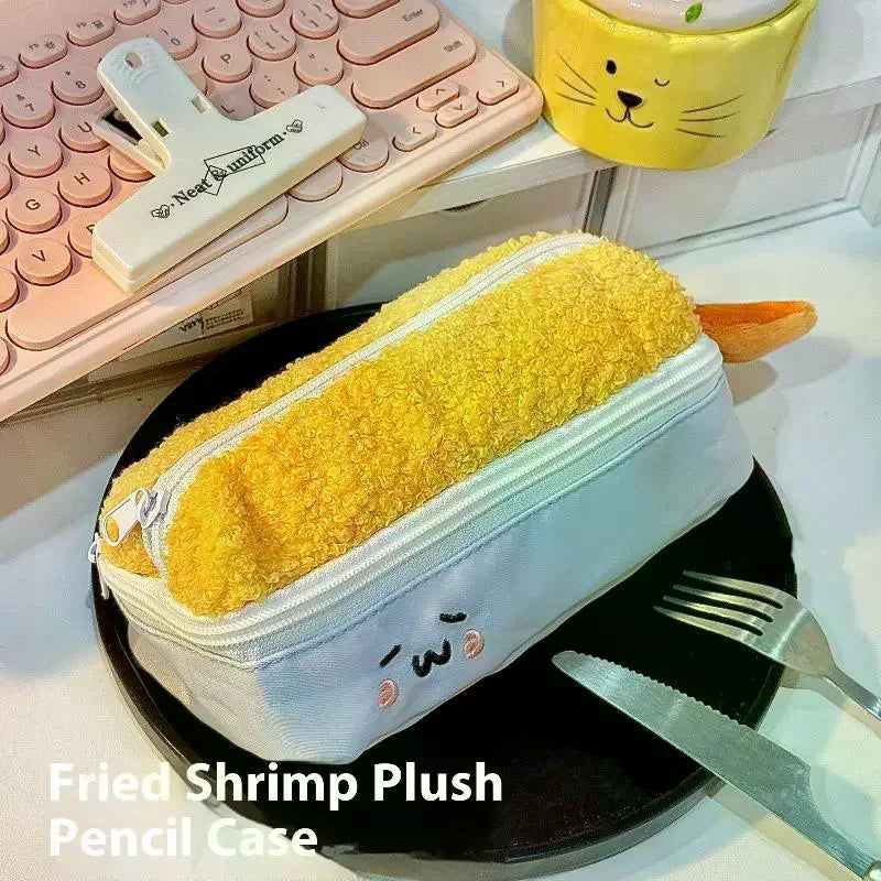 Cute Cartoon Fried Shrimp Plush Pen Bag Kawaii Large Capacity Zipper Soft Pen Case Stationery Storage Bag School Supplies Oasis Select
