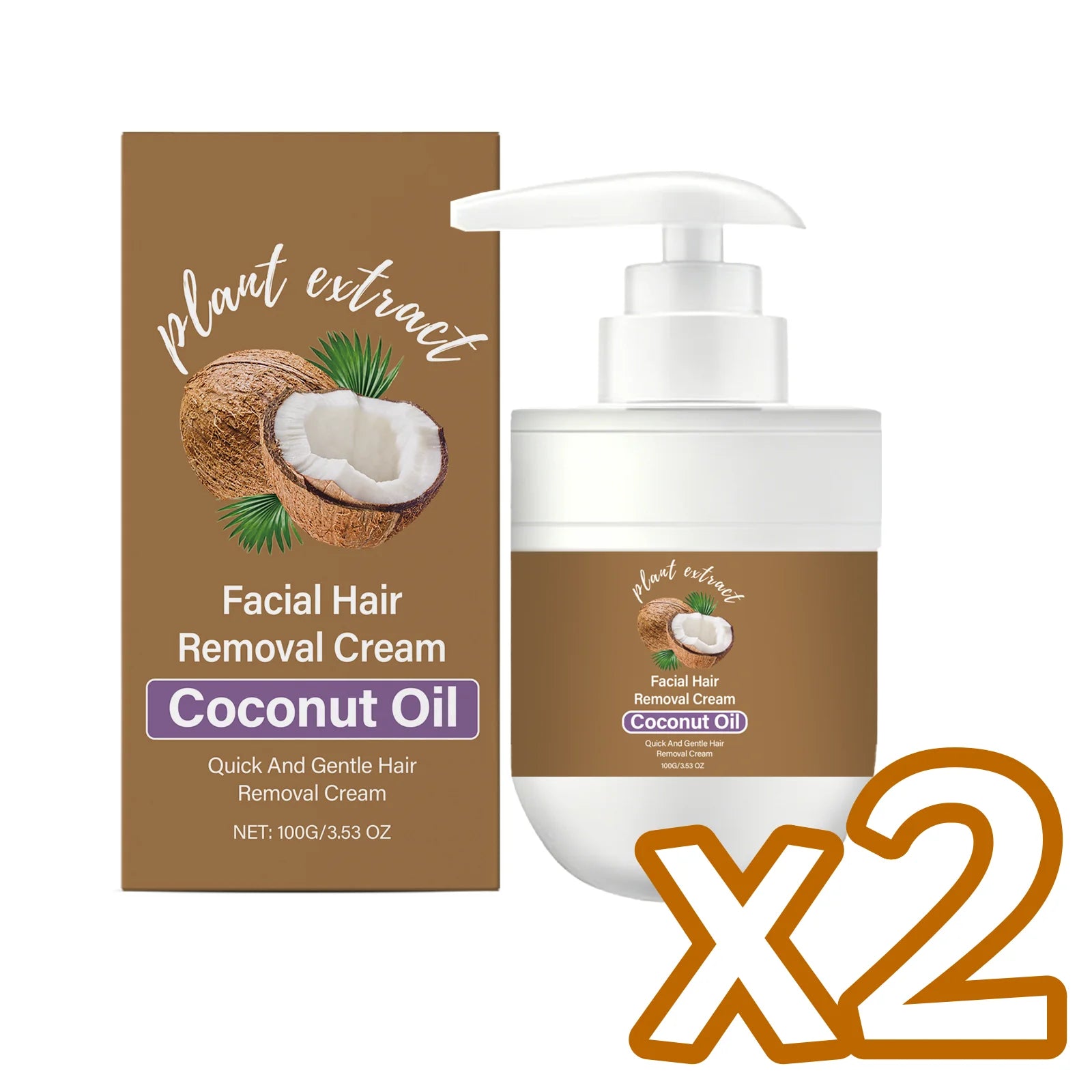 Coconut Hair Removal Cream Painless Depilation Quick & Gentle Long Lasting Moisturizing & Soothing Redness Hair Growth Inhibitor Oasis Select 100g Boxed x 2