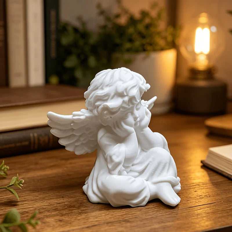 Sweet White Angel Statue 3D Printed CanDIY Cute Thinking Cherub Mini Figurine Home Decor Wedding Romantic Souvenir Ornament Gift Oasis Select