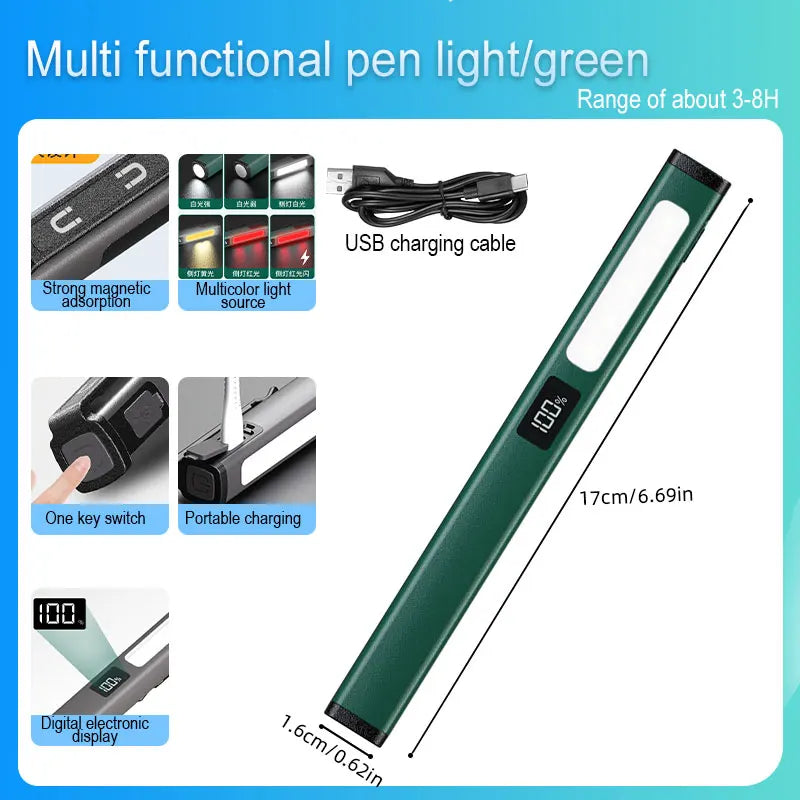 3 Light Source Flashlight Rechargeable Medical Pocket Penlight Magnetic Work Lighting Repair Medical Warning Pen Lamp with Clip Oasis Select W08-Green
