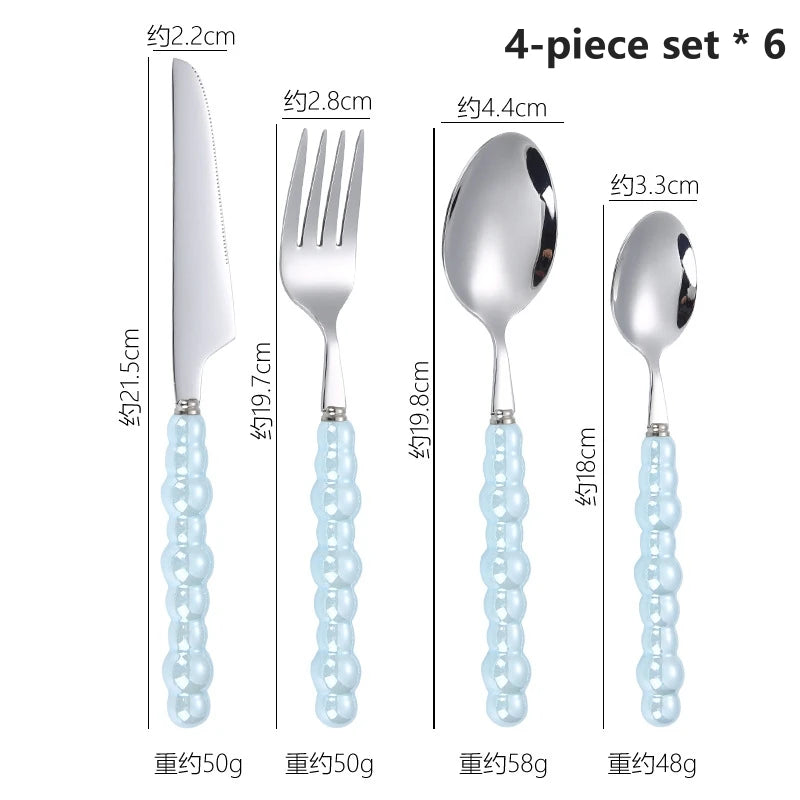24-Piece Pearl Handle Stainless Steel Cutlery Luxury Forged Knife Fork Spoon Shell Spoon Kits Dessert Steak Dining Tableware Oasis Select Blue-24pcs