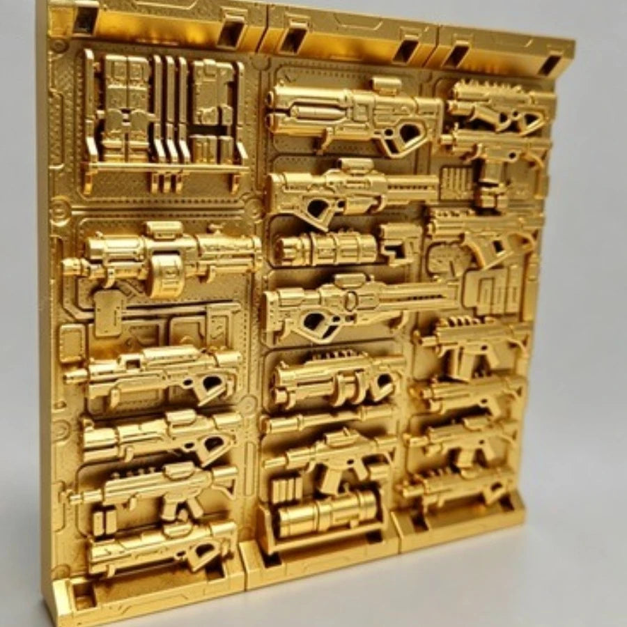 Sci-Fi Weapon Wall Panel Model - Cyberpunk Gun Rack Terrain, Industrial Tech Diorama Base for Miniature Scenery Oasis Select gold 10cm