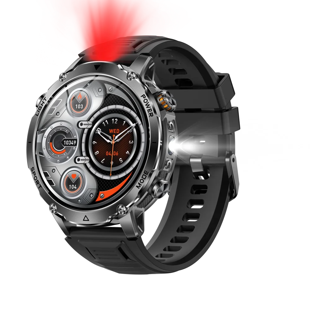 Military 1400mAh Battery Smart Watch Men Outdoor Flashlight Waterproof Heart Rate BT Call Sports Bracelet Health Smartwatch SOS Oasis Select BKBKS