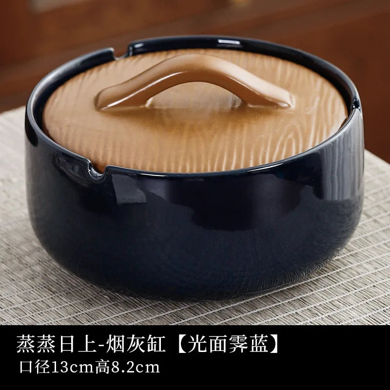 Ceramic Large Ashtray with Lid Anti-flying Dust Personalized Fashionable Household Living Room Office Retro Large Ashtray Oasis Select blue