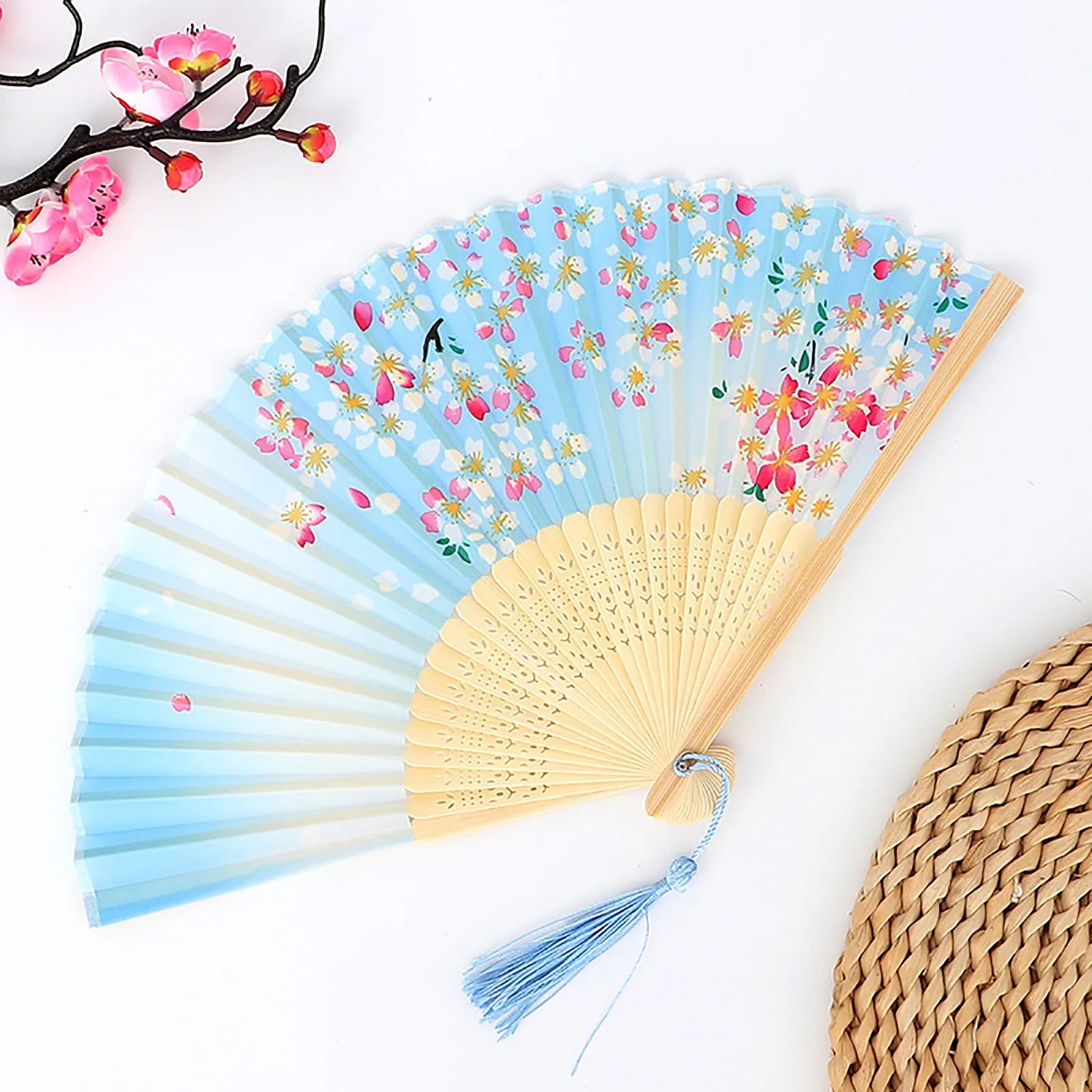 Vintage Silk Folding Fan Chinese Japanese Art Crafts Gift Home Decorations Dance Hand Fan Bamboo Room Decor Wood Fans Oasis Select M One Size